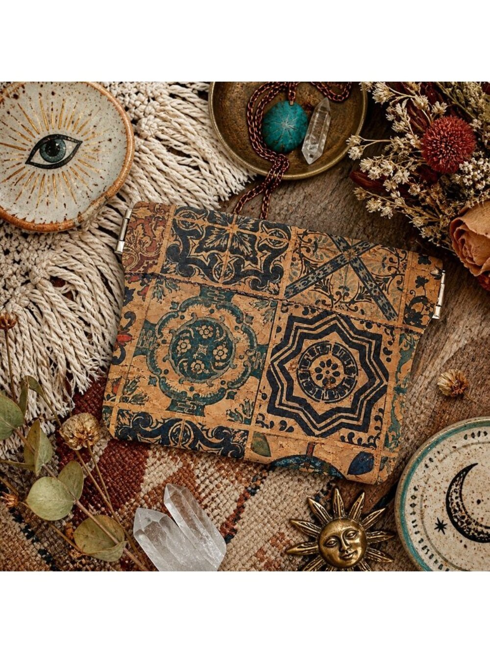Cork Squeeze Wallet Coin Purse Colorful Mediterranean Tile Mini Travel Gift Boho